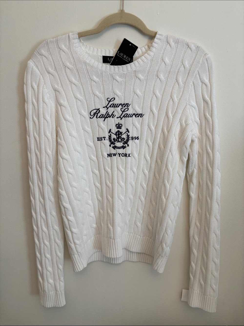 Lauren Ralph Lauren Embroidered-Crest Cable-Knit Sweater Resort White Size M NWT